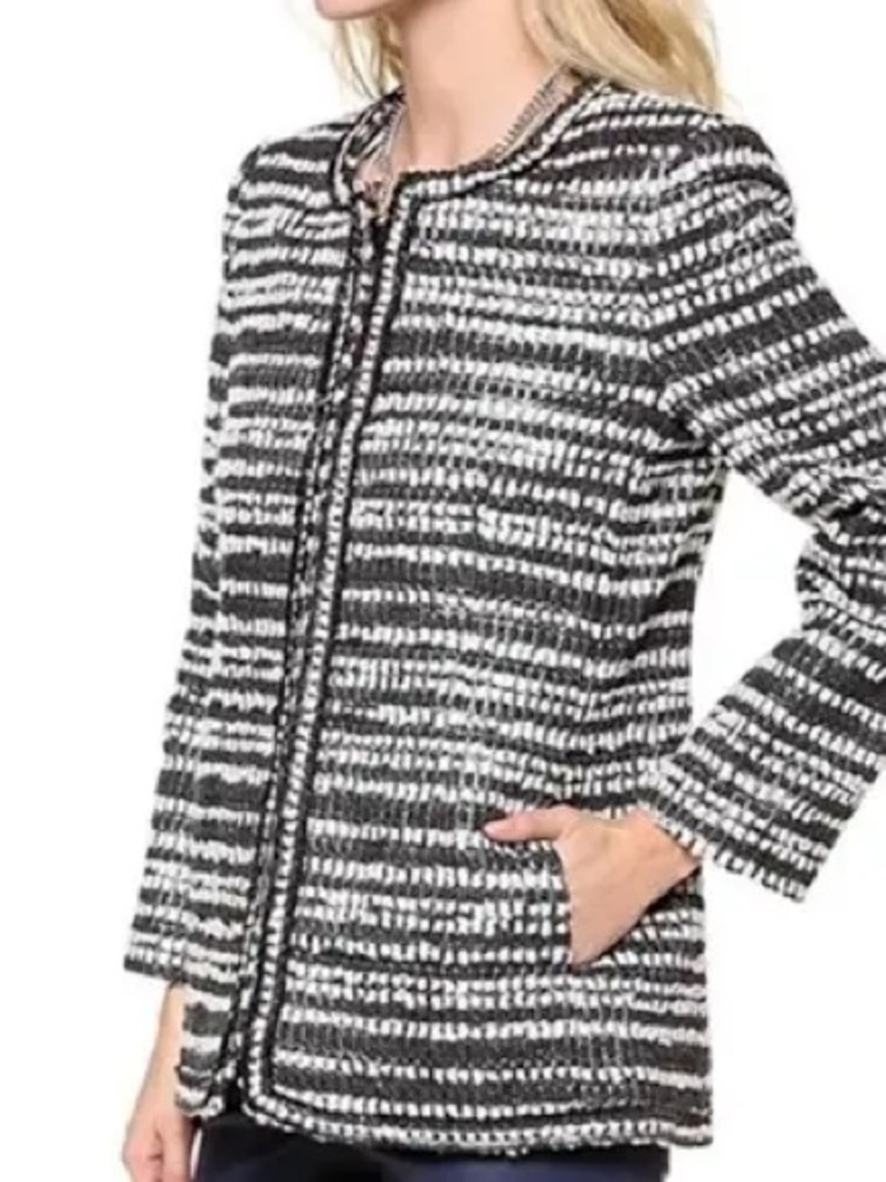 Alice + Olivia Black and White Tweed Collarless Jacket